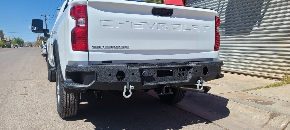 2019 - 2025 GMC Sierra 1500 Rear Bumper Single Exhaust| Parking Sensor Cutouts Available - Iron Bull BumpersREAR IRON BUMPER