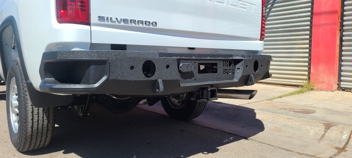 2019 - 2025 GMC Sierra 1500 Rear Bumper Single Exhaust| Parking Sensor Cutouts Available - Iron Bull BumpersREAR IRON BUMPER
